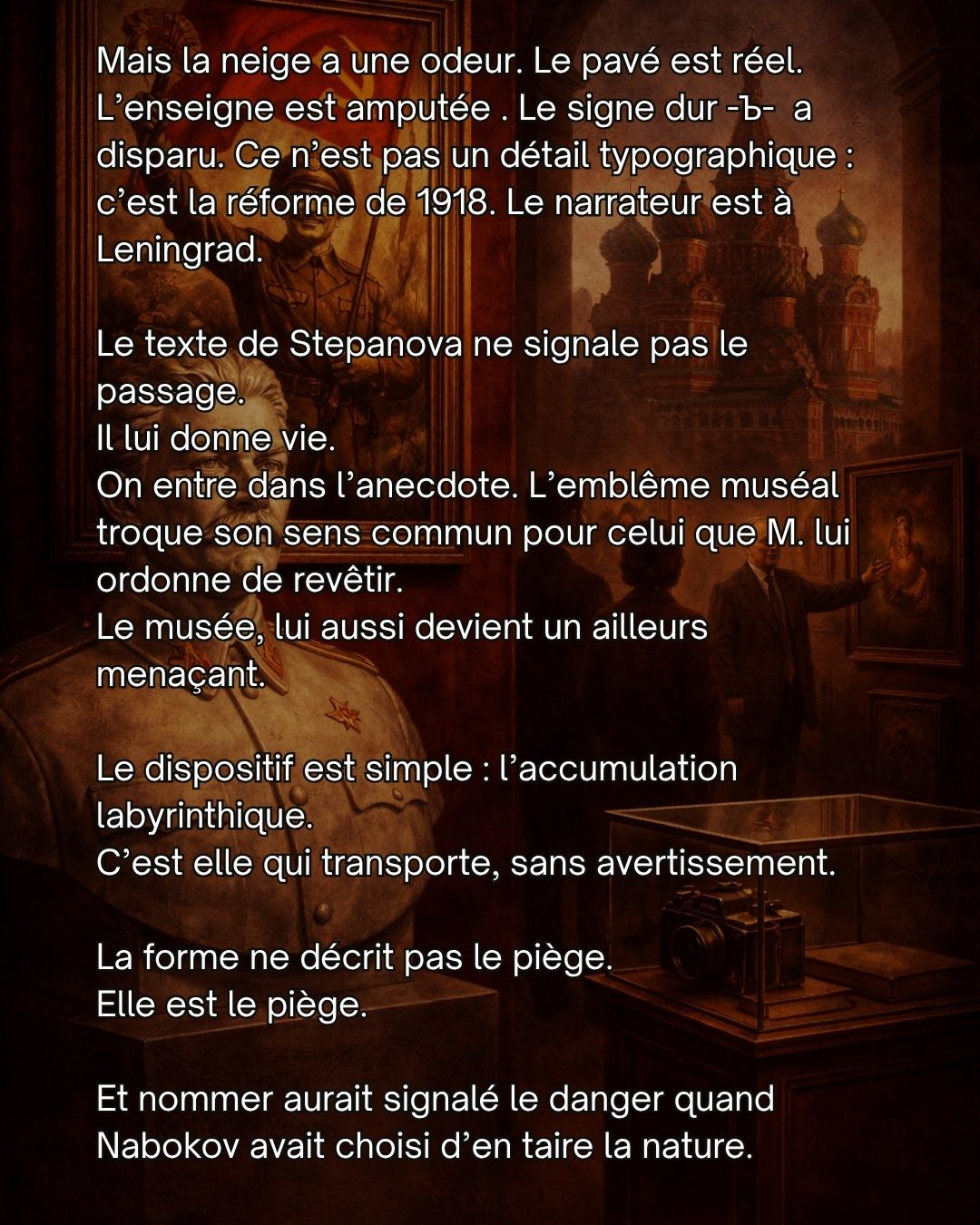 Stepanova ne cite jamais Boym. Dans En mémoire de la mémoire, ses références déclarées sont Sebald, Barthes, Benjamin, Sontag. Boym n'apparaît pas. Et pourtant. Boym publie The Future of Nostalgia(10)