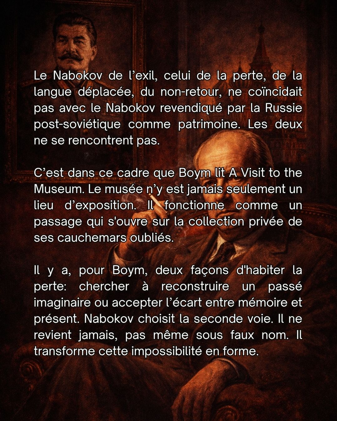 Stepanova ne cite jamais Boym. Dans En mémoire de la mémoire, ses références déclarées sont Sebald, Barthes, Benjamin, Sontag. Boym n'apparaît pas. Et pourtant. Boym publie The Future of Nostalgia(15)